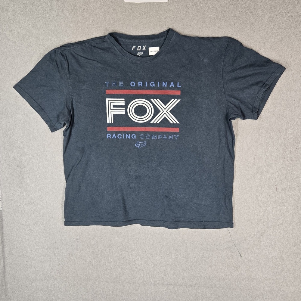 Fox Men Shirt XXL Blue Graphic Logo Spellout Tee Grunge Short Sleeve